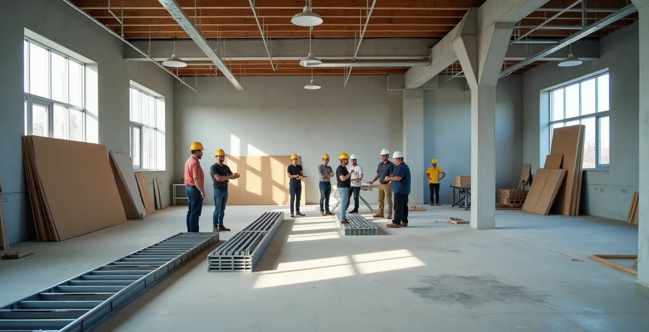 Vue environnementale d'une réunion de coordination sur chantier avec maquette métallique